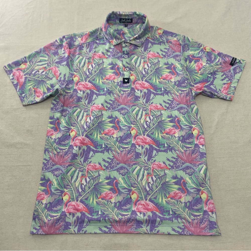 Bad Birdie Polo Shirt Mens Medium Pink Flamingo Tropical Hawaiian Golf Golfing